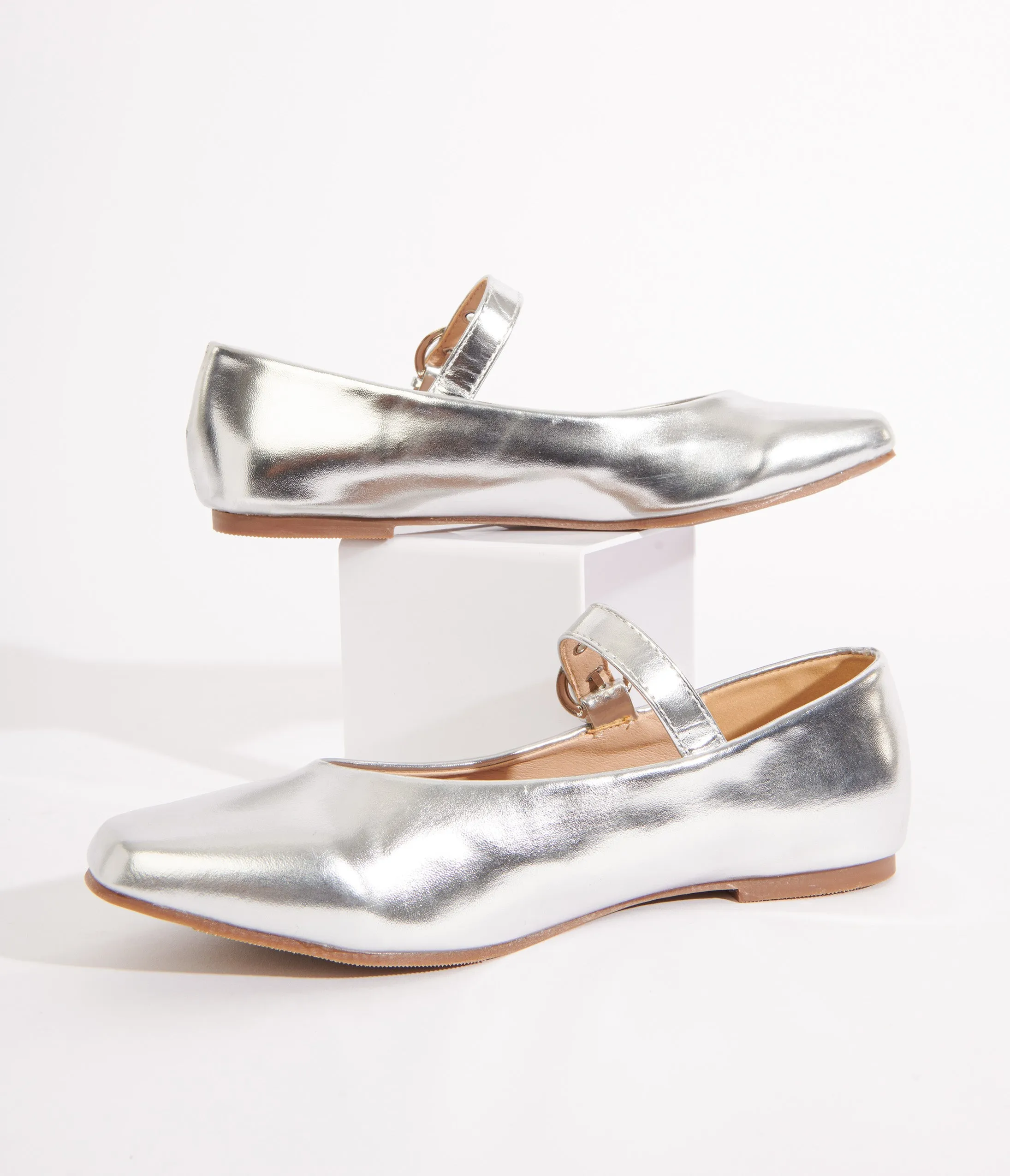 Silver Leatherette Mary Jane Flats