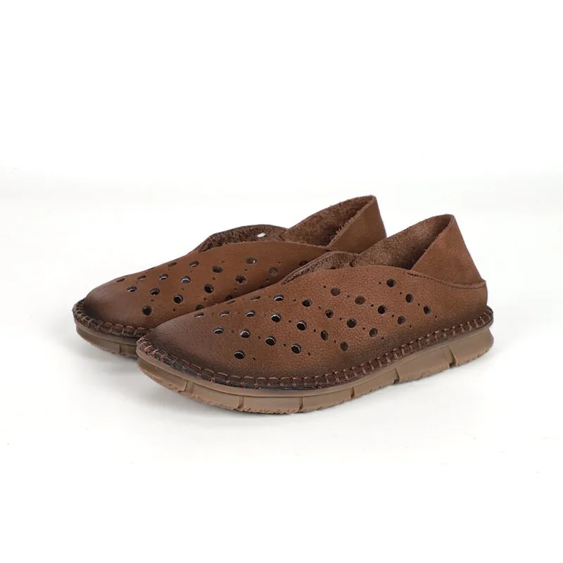 Soft Leather Flat Slip on Loafers for Women Perforated Handmade in Coffee/Khaki