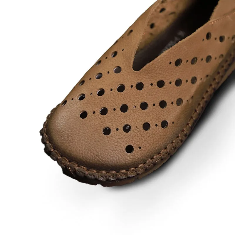 Soft Leather Flat Slip on Loafers for Women Perforated Handmade in Coffee/Khaki