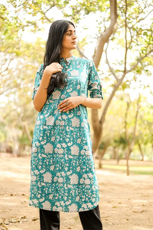 Sootisyahi 'Buds and Bushes' Azofree Handblock Printed Pure Cotton Kurti