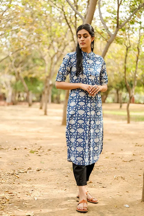 Sootisyahi 'Charm of the Sea' Azofree Handblock Printed Pure Cotton Kurti