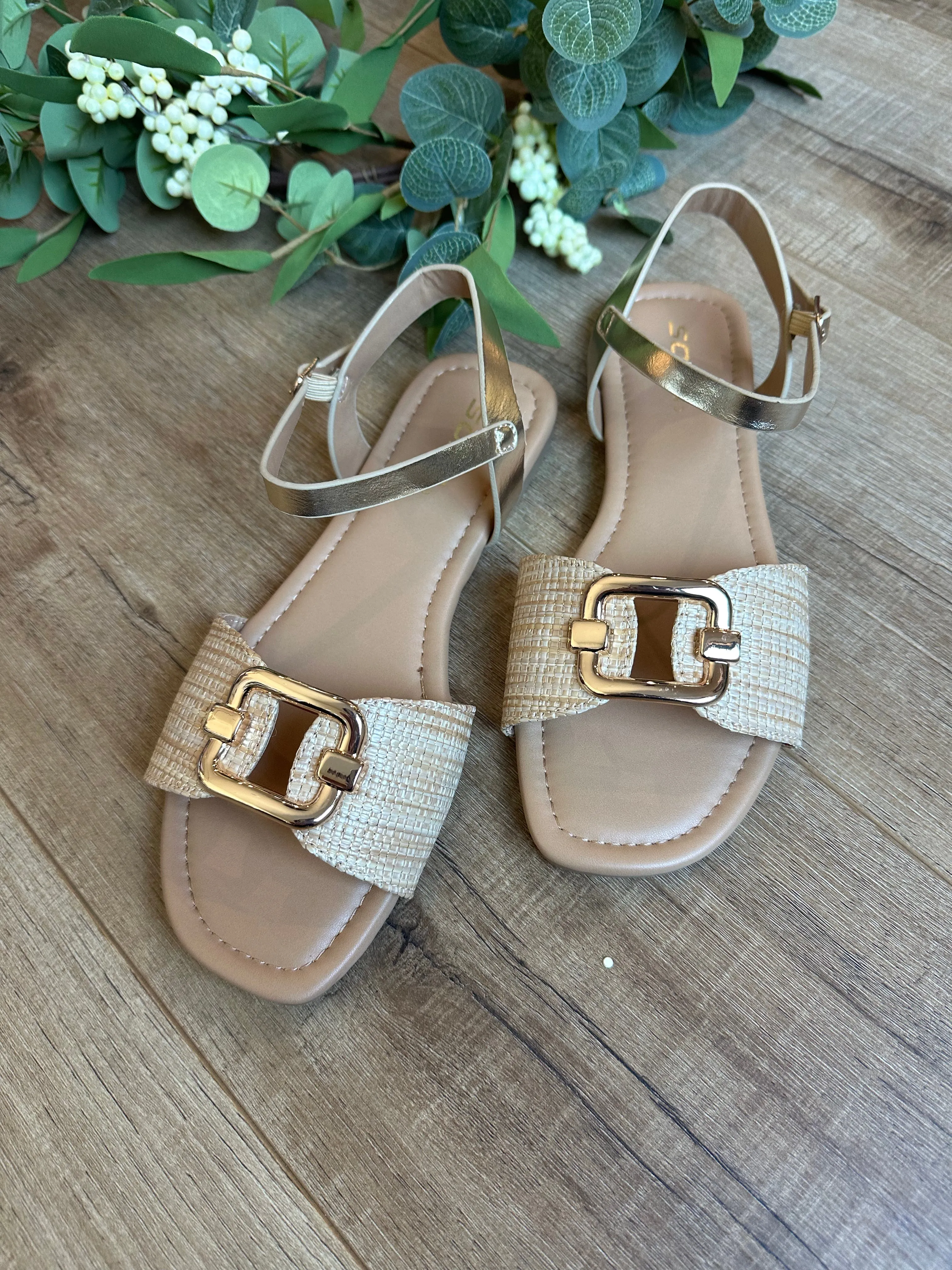 Tavia Gold Buckle Flat Sandal