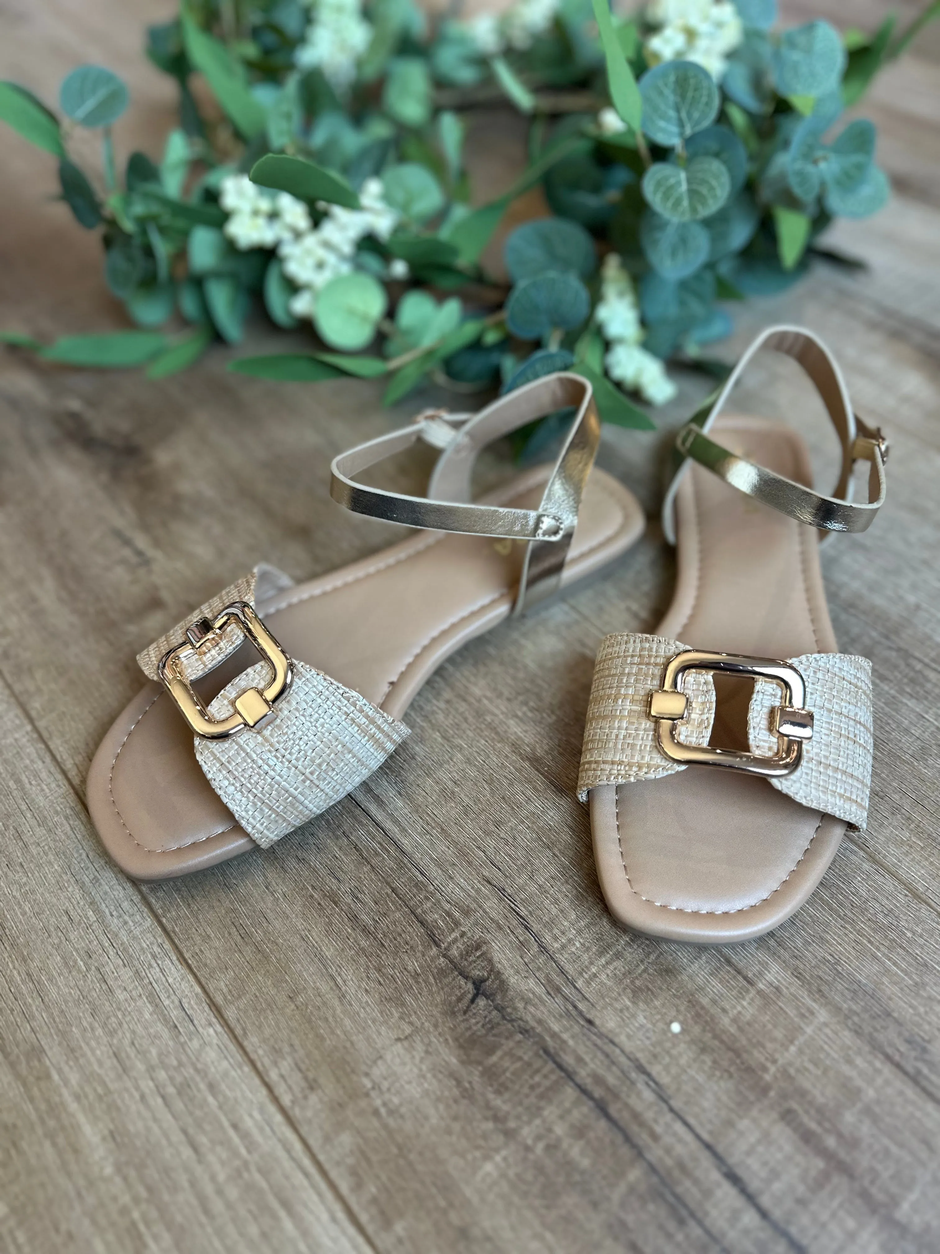 Tavia Gold Buckle Flat Sandal