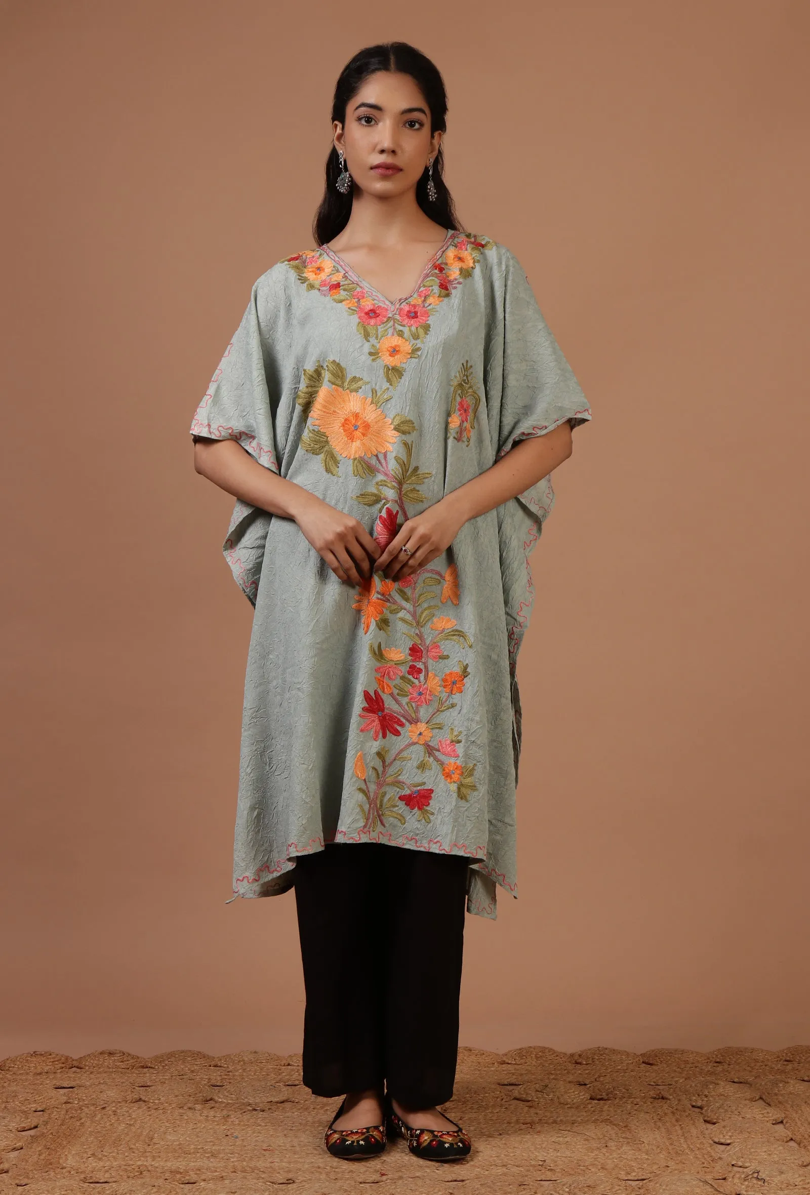 Teal Blue Cotton Crush Ari Embroidered Kaftan- Free Size