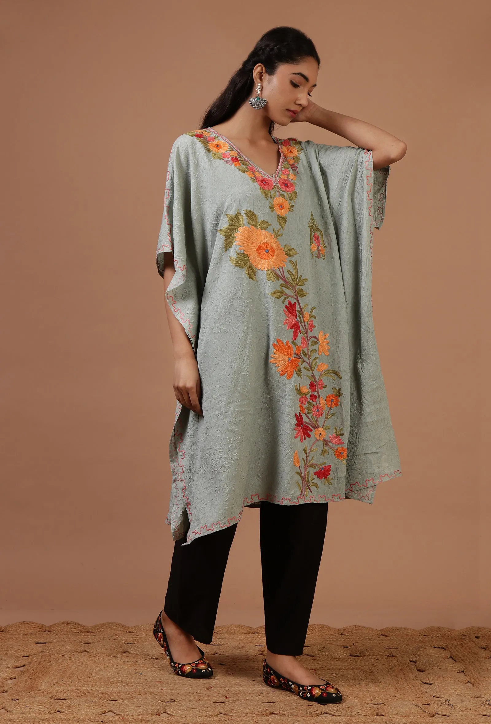 Teal Blue Cotton Crush Ari Embroidered Kaftan- Free Size