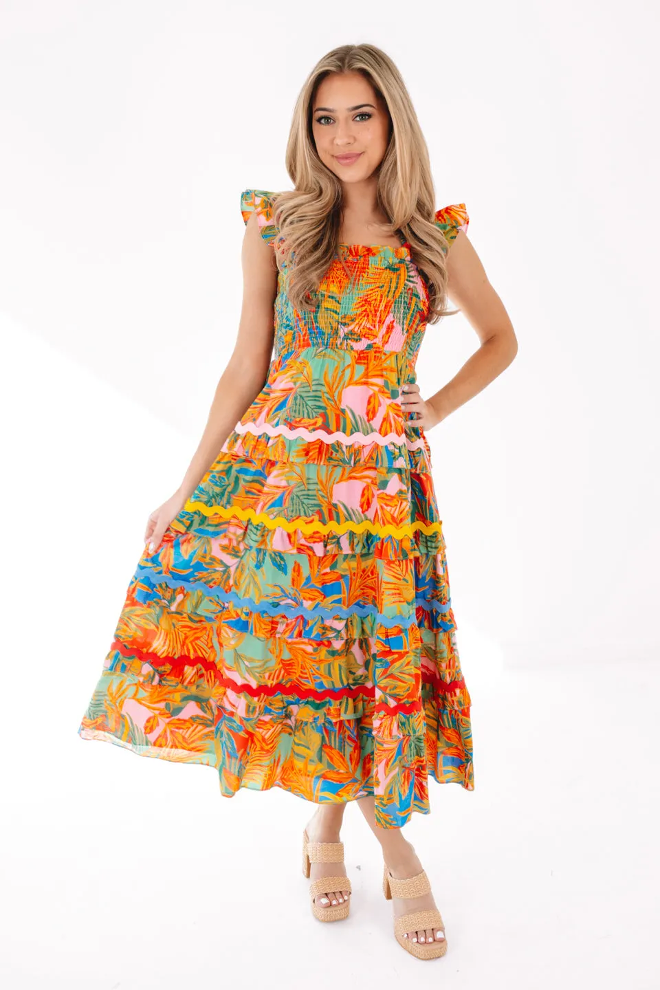 The Paloma Tier Ric Rac Midi Dress - Multi