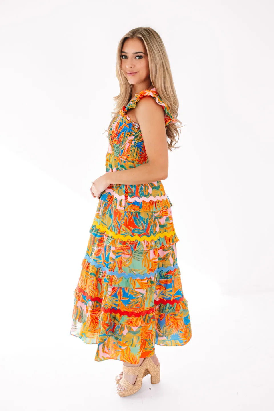 The Paloma Tier Ric Rac Midi Dress - Multi