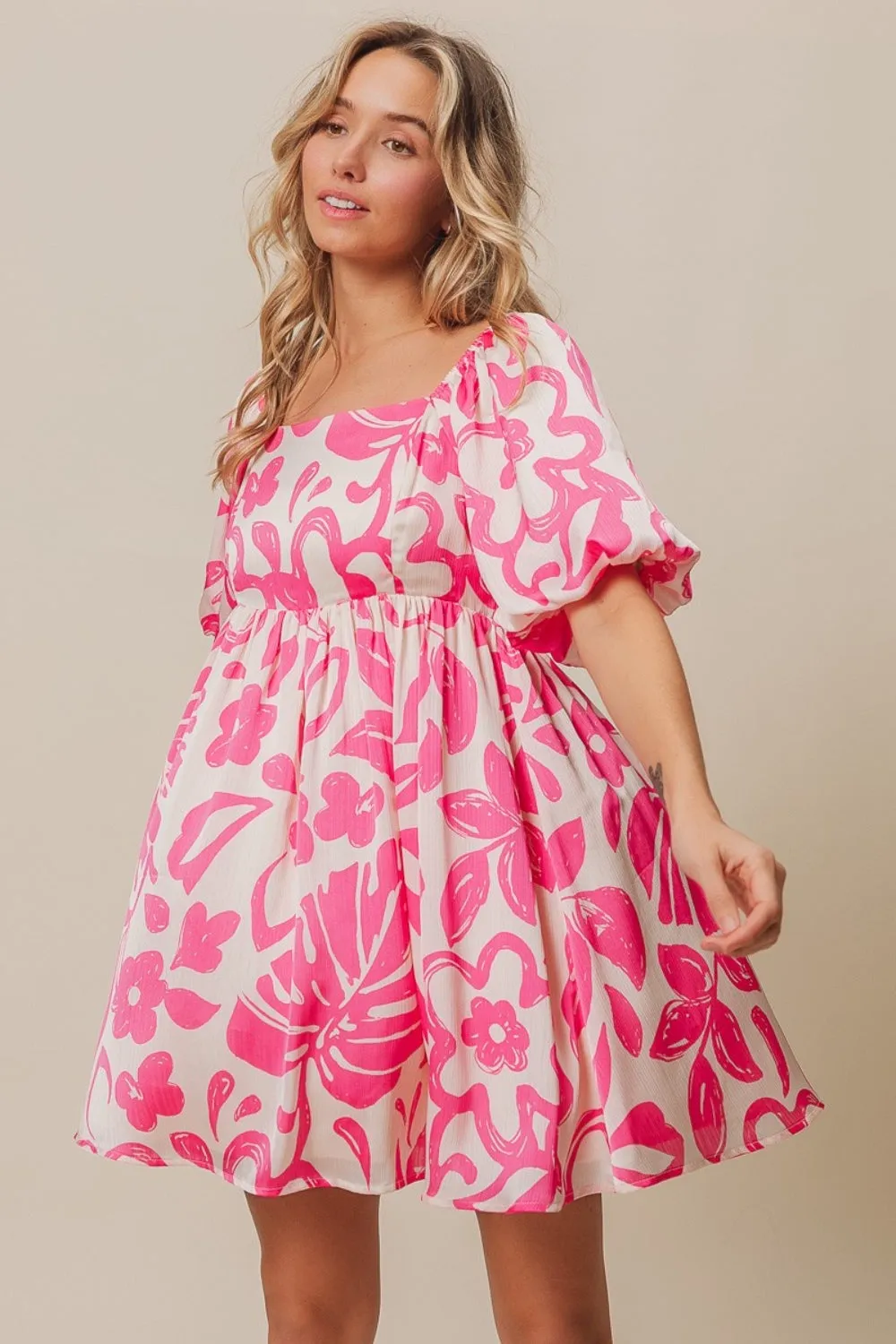 Tropical Floral Pattern Puff Sleeve Square Neck Dress