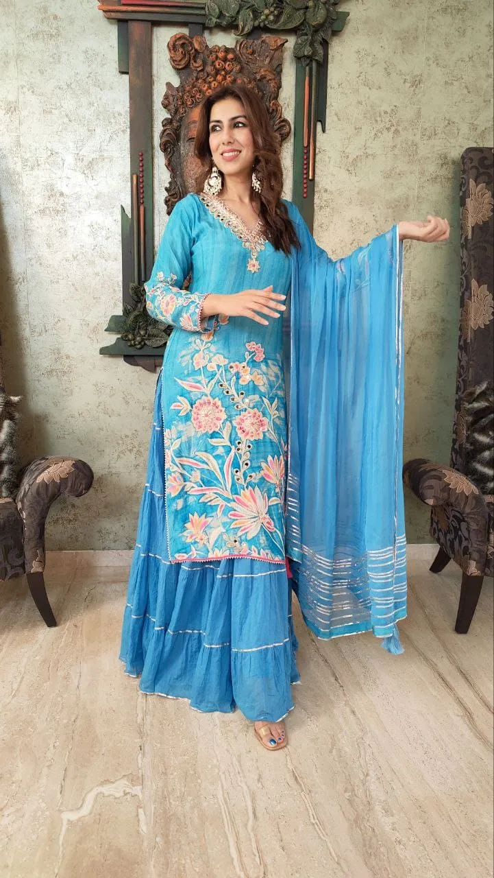 Two Piece Blue Skirt Sharara Set