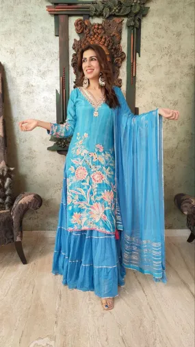 Two Piece Blue Skirt Sharara Set