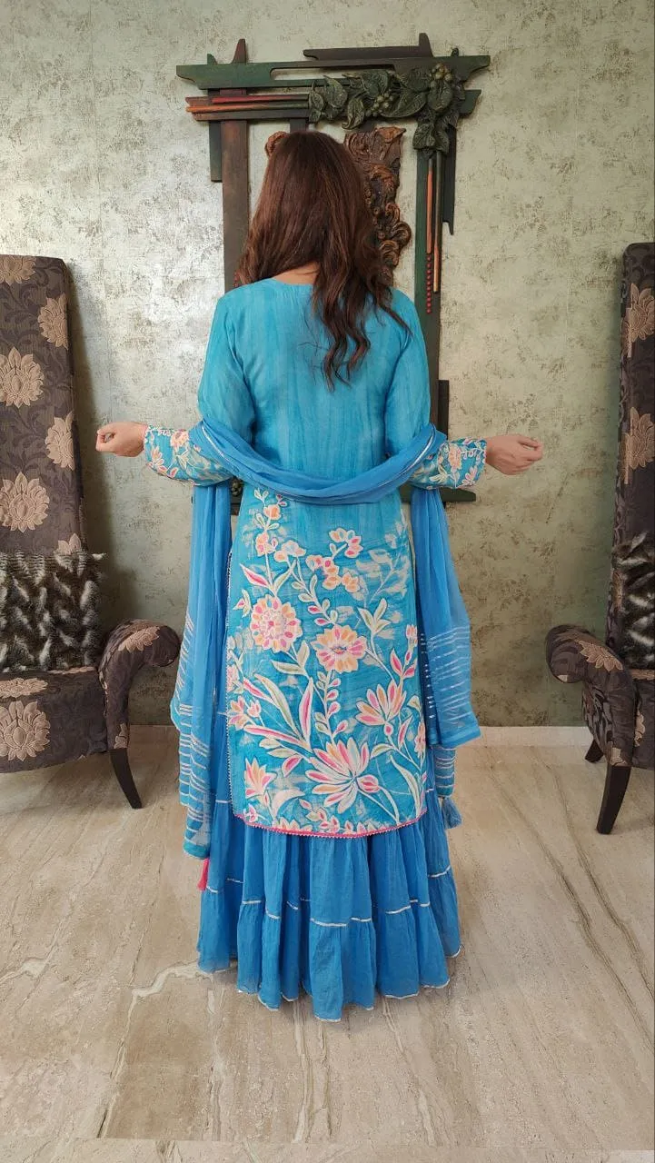 Two Piece Blue Skirt Sharara Set