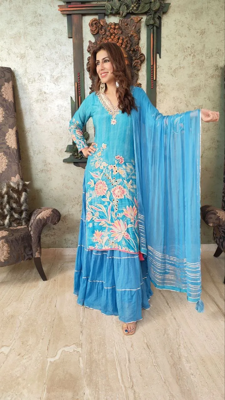 Two Piece Blue Skirt Sharara Set