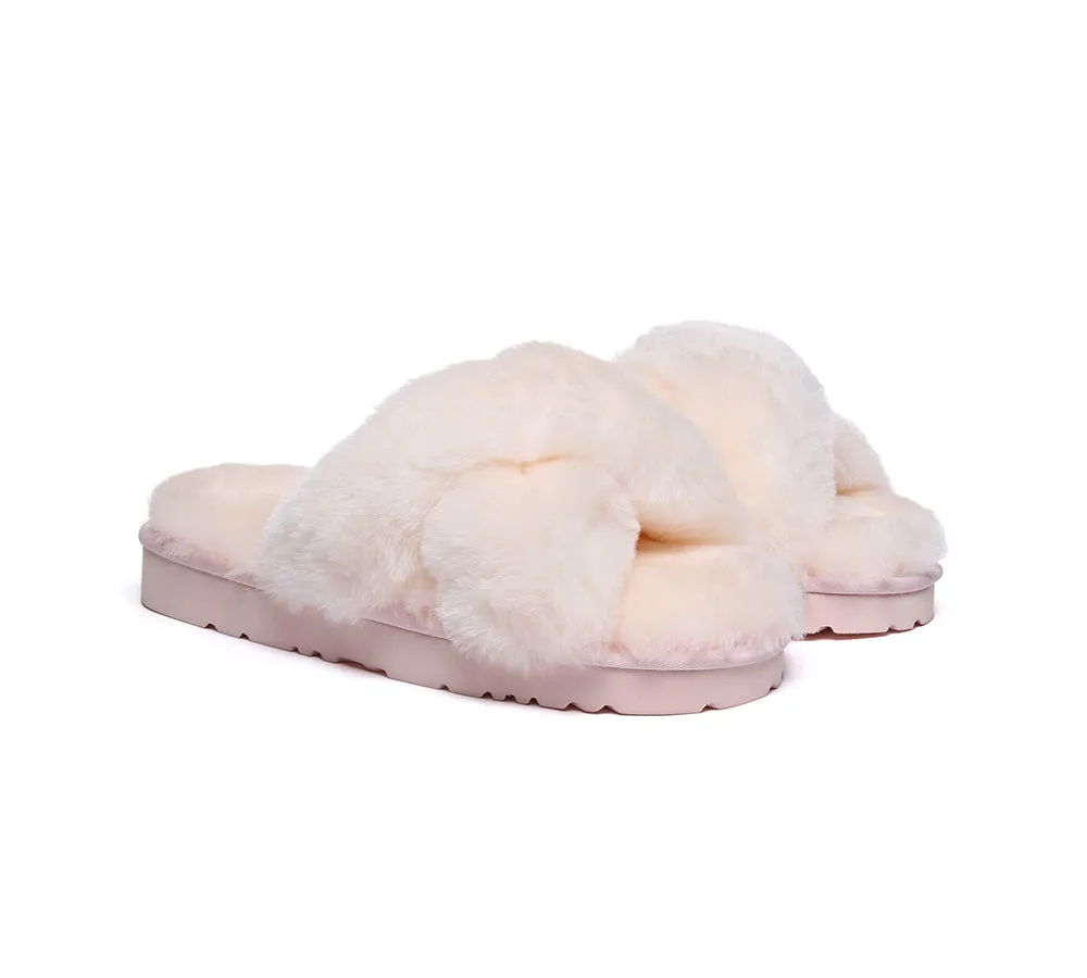 UGG Fluffy Slides Women Sheepskin Wool Crossover Sandals Leanna