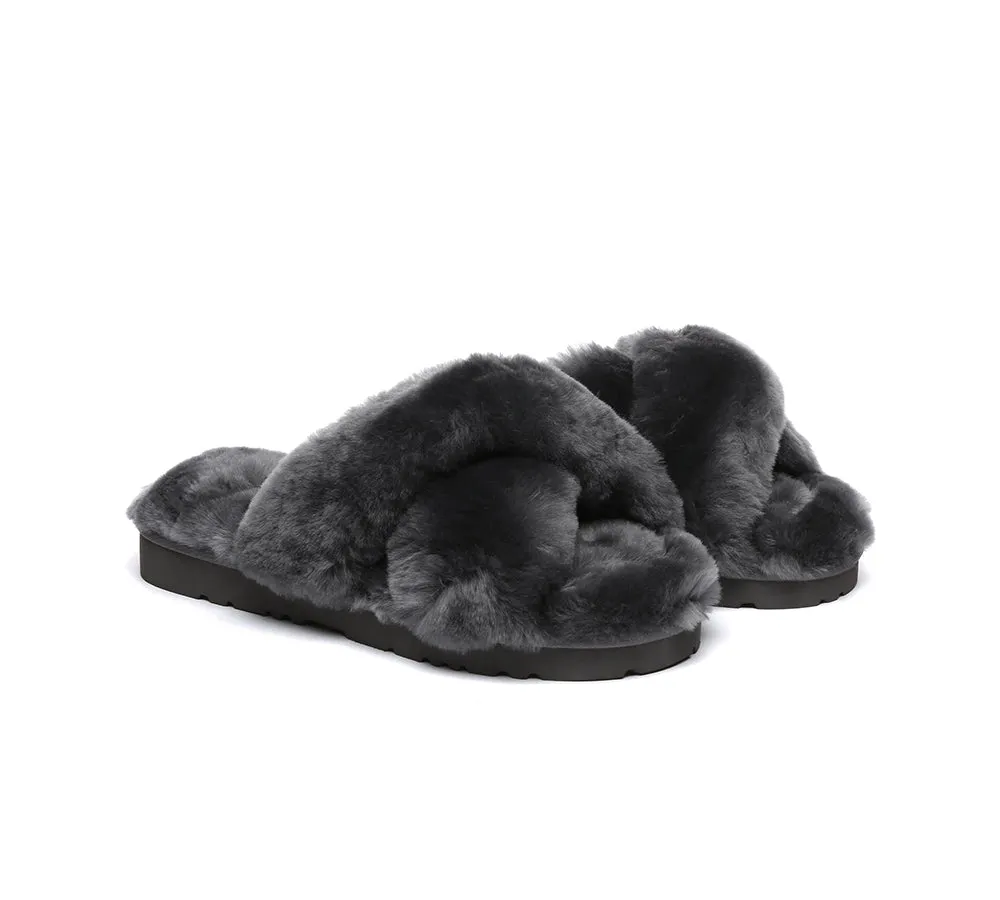 UGG Fluffy Slides Women Sheepskin Wool Crossover Sandals Leanna