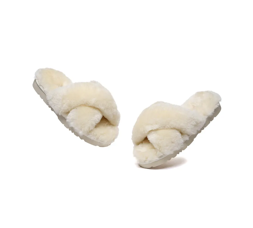 UGG Fluffy Slides Women Sheepskin Wool Crossover Sandals Leanna