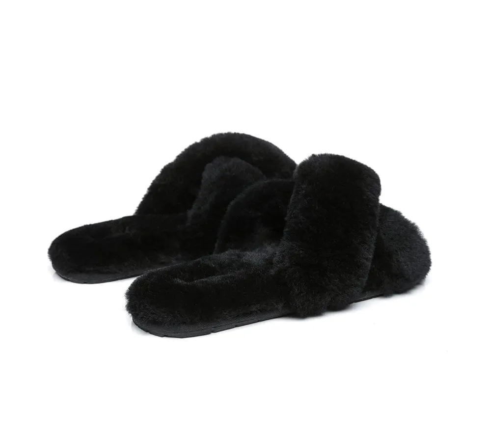 UGG Slides Sheepskin Wool Crossover Fluffy Slides Linty