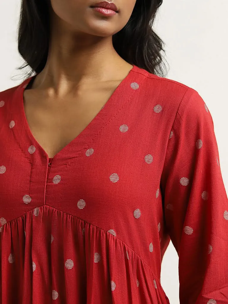 Utsa Red Polka Dotted Cotton Dress