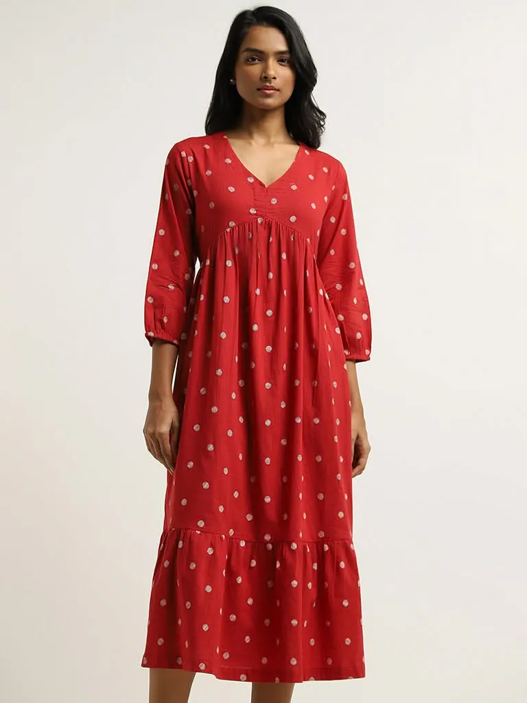 Utsa Red Polka Dotted Cotton Dress