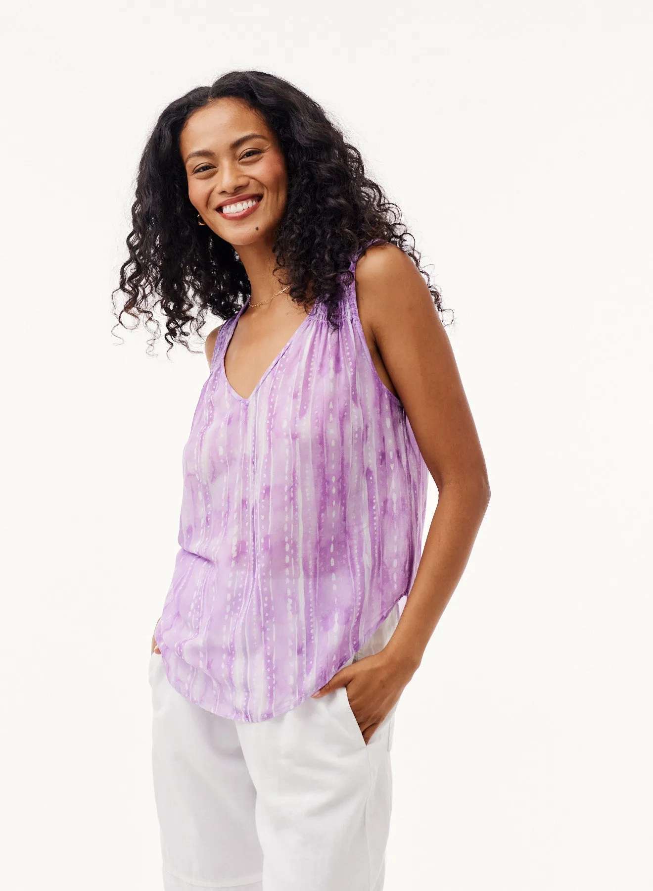 V-Neck Smocked Shoulder Top - Orchid Stripe Print