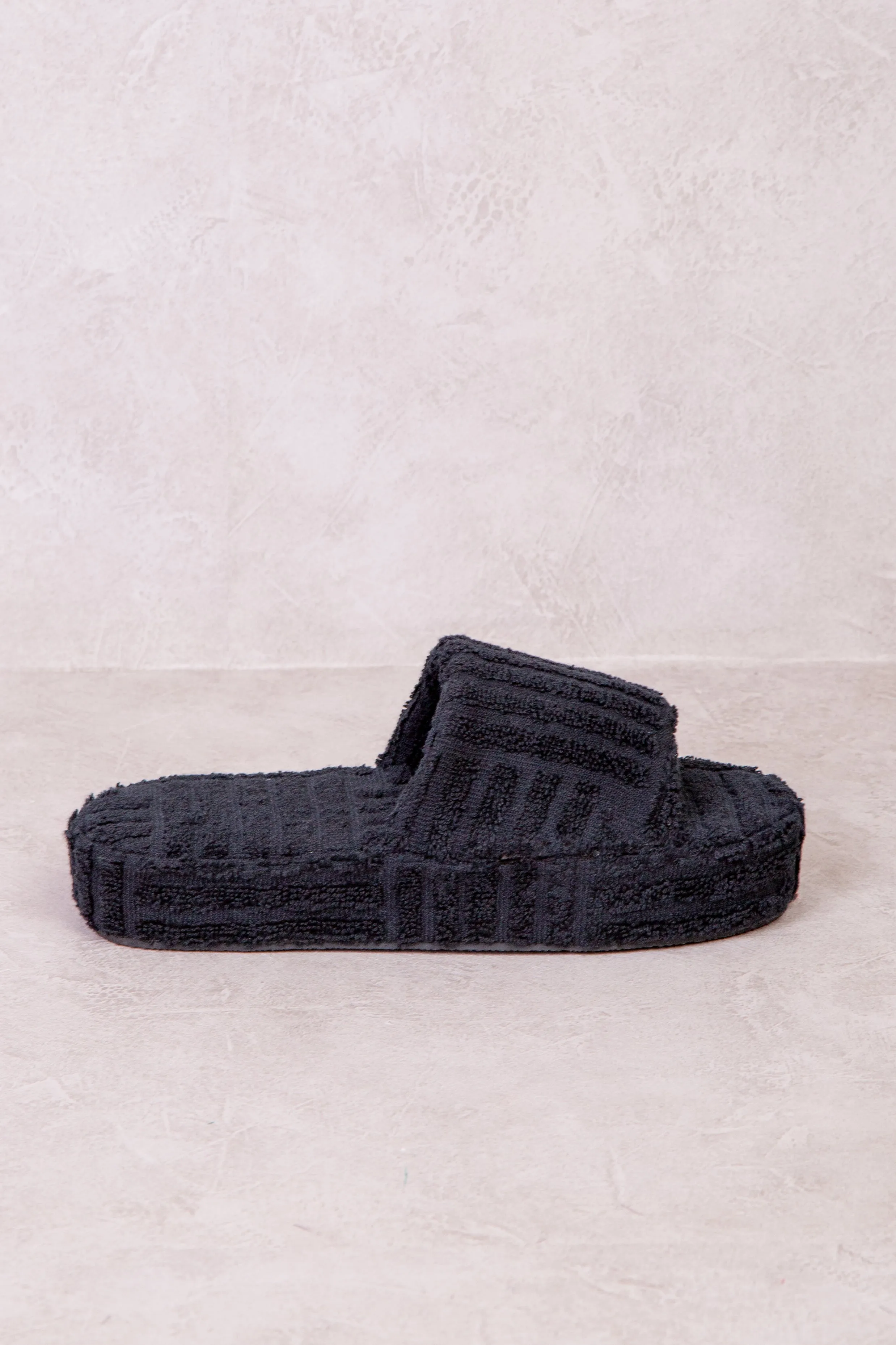 VESPA TERRY TOWEL FABRIC FLATFORM SLIDER IN BLACK