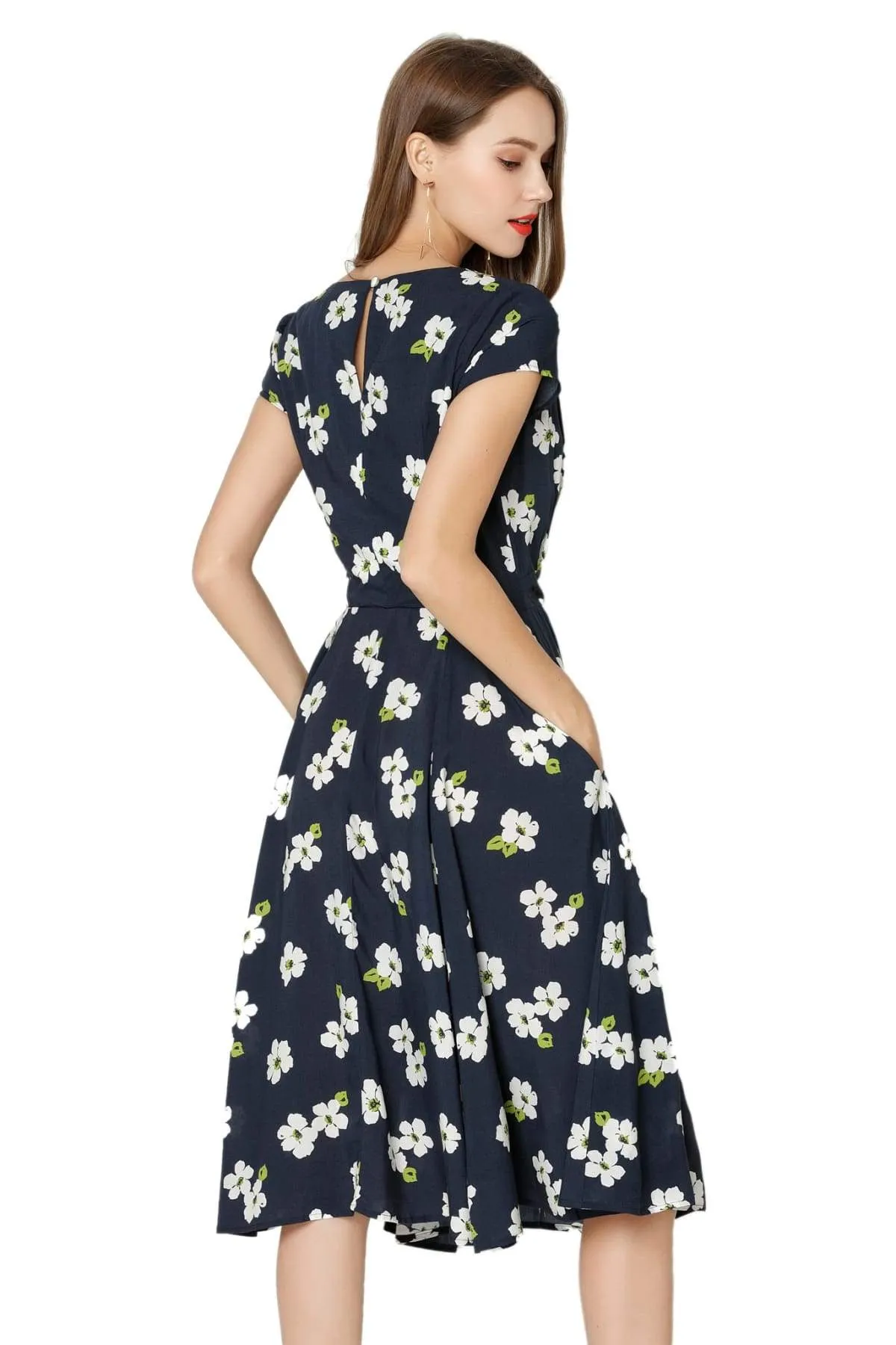 White Daisy & Navy V Neck Cross Over Dress