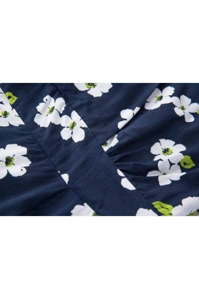 White Daisy & Navy V Neck Cross Over Dress