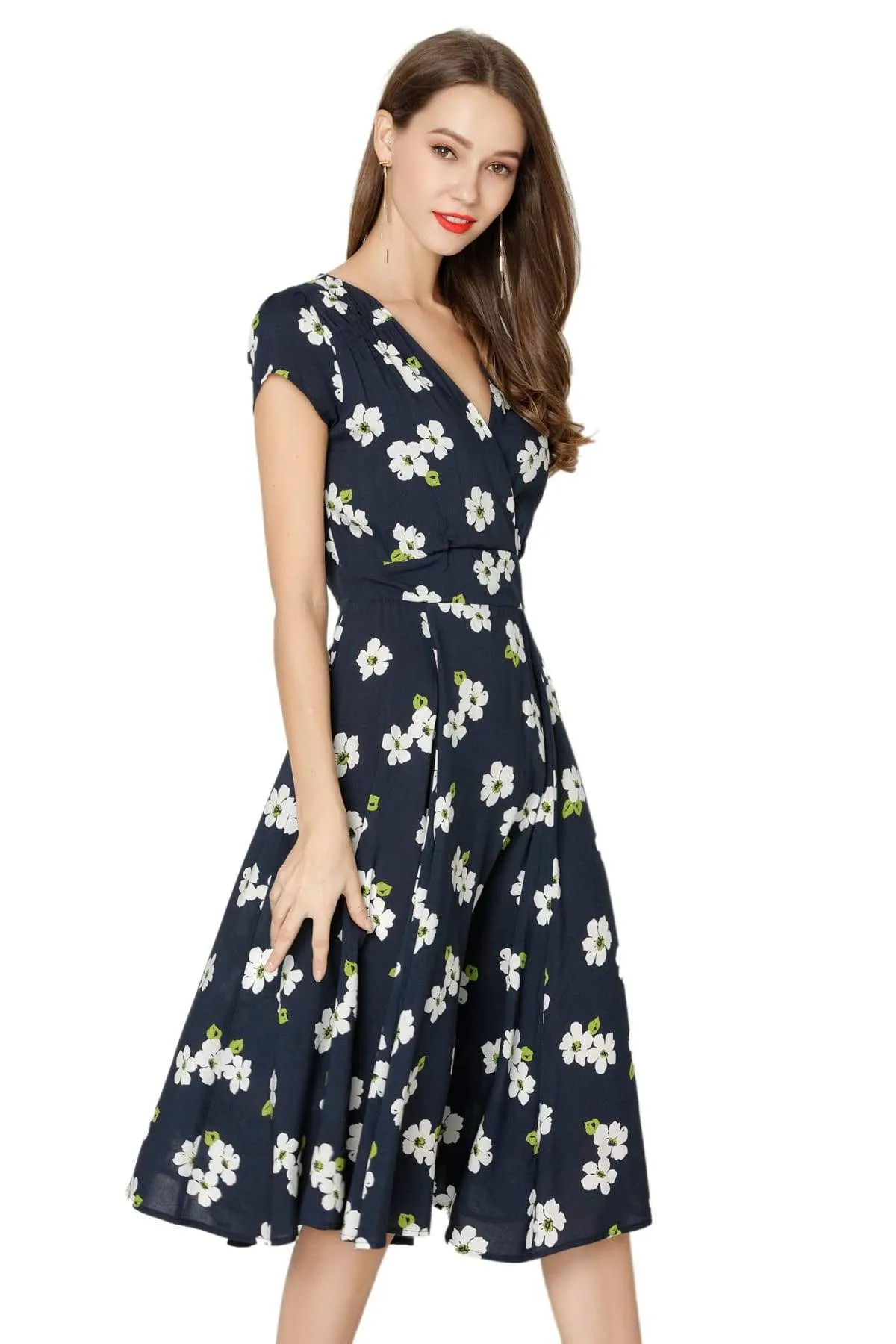 White Daisy & Navy V Neck Cross Over Dress