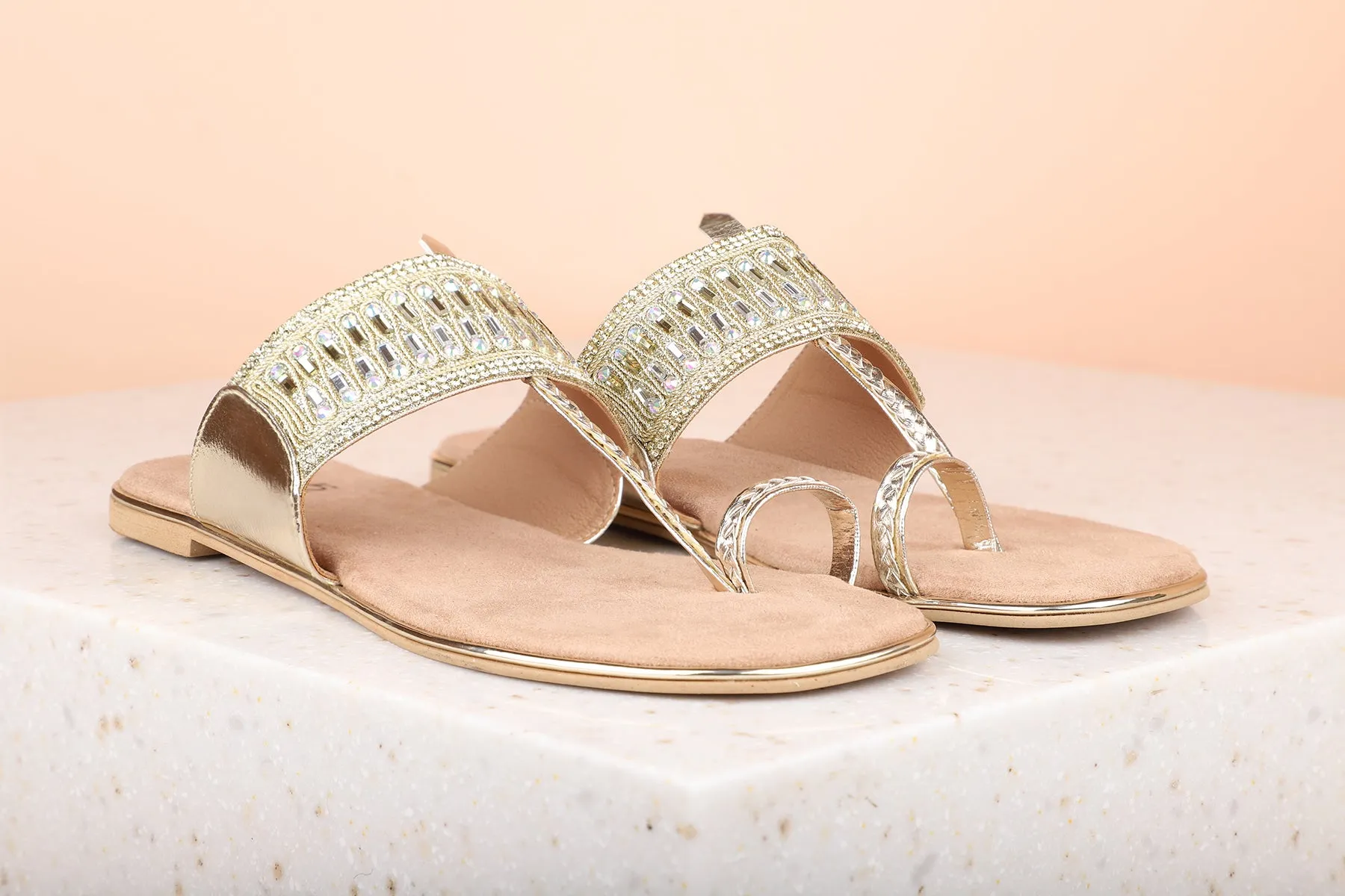 Women Gold Ethnic Flat Sandals