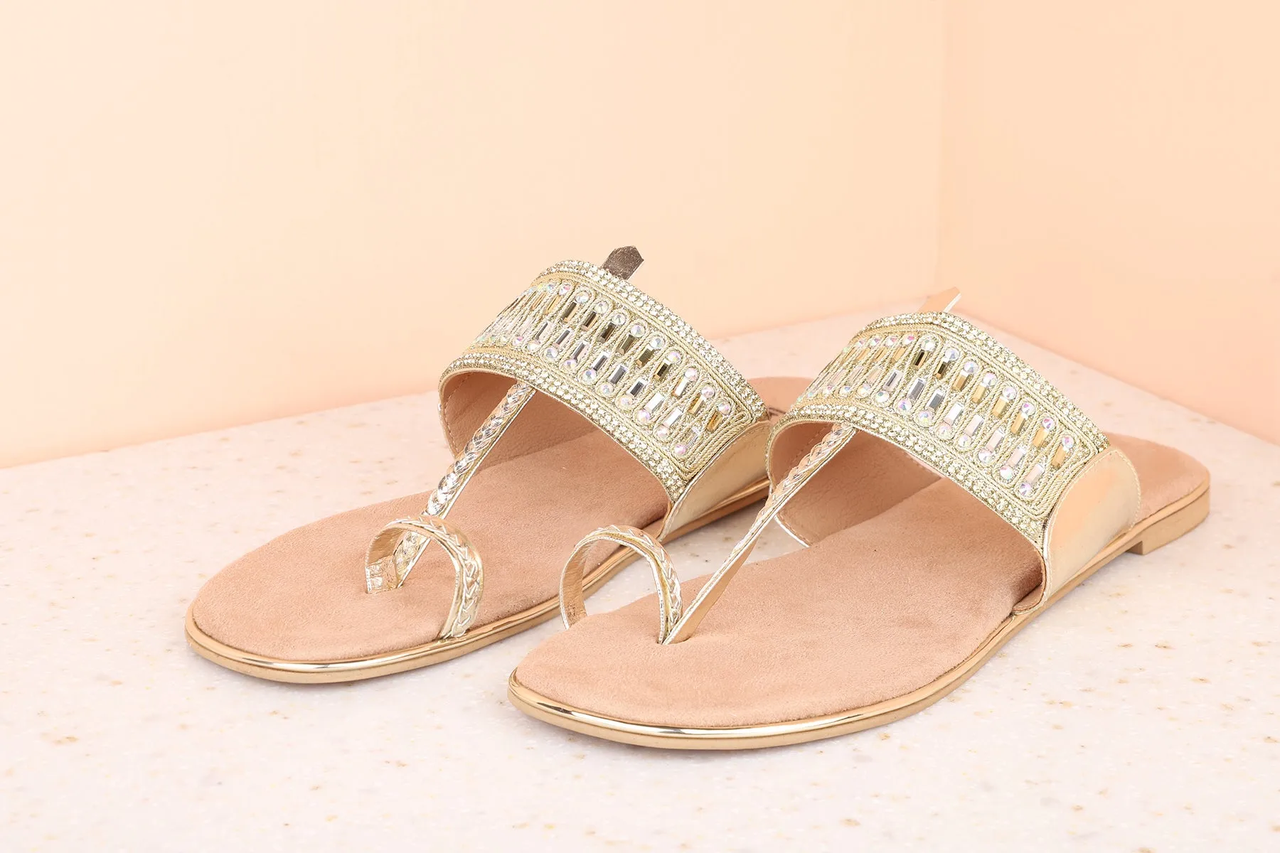 Women Gold Ethnic Flat Sandals