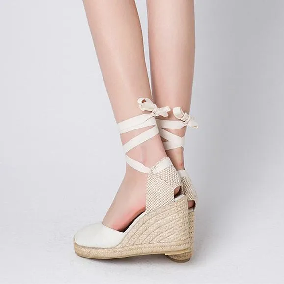 Women lace up closed round toe espadrille wedge sandals