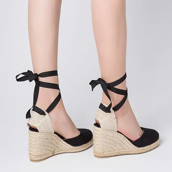 Women lace up closed round toe espadrille wedge sandals