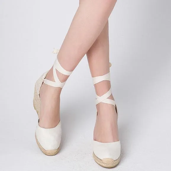 Women lace up closed round toe espadrille wedge sandals