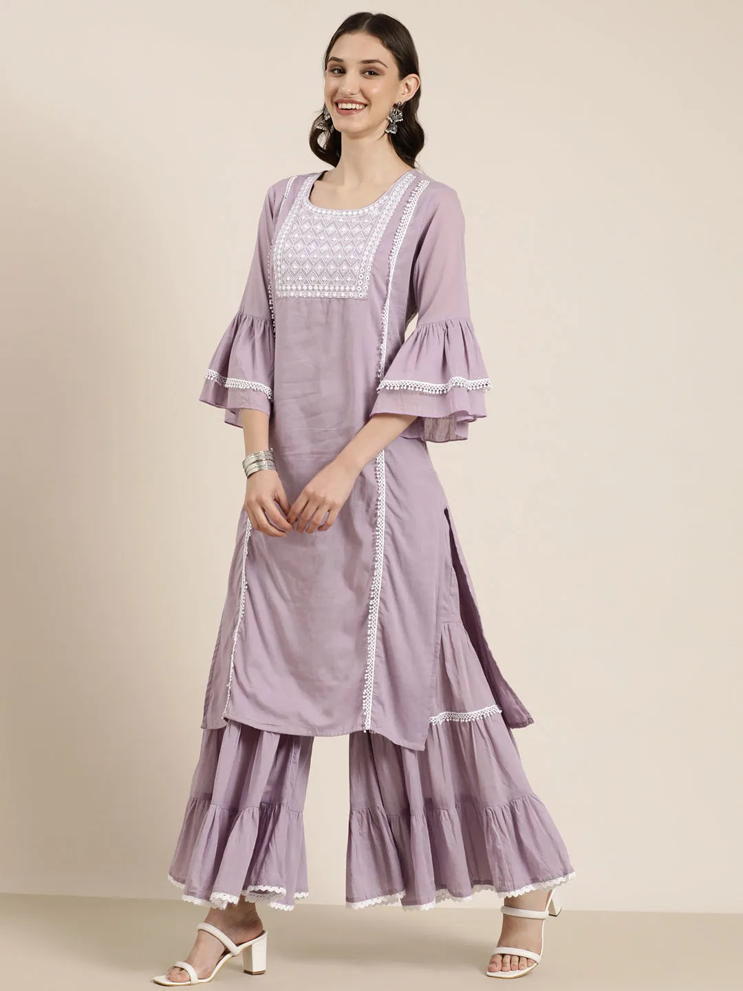 Women Lavender Solid Kurta Set