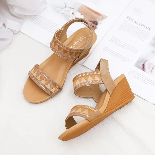 Women peep toe ankle strap boho wedge sandals