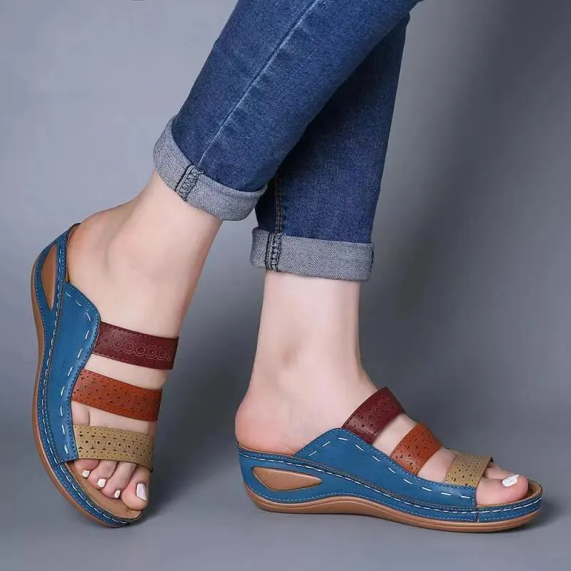 Women summer slides three strap 
slide wedge sandals