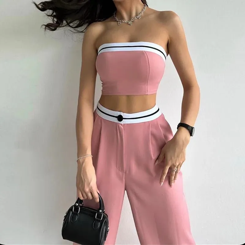 Women Tube Top And High Waist Pant -  Sleeveless Vest Bra & Buttoned Pants Summer Sexy Set