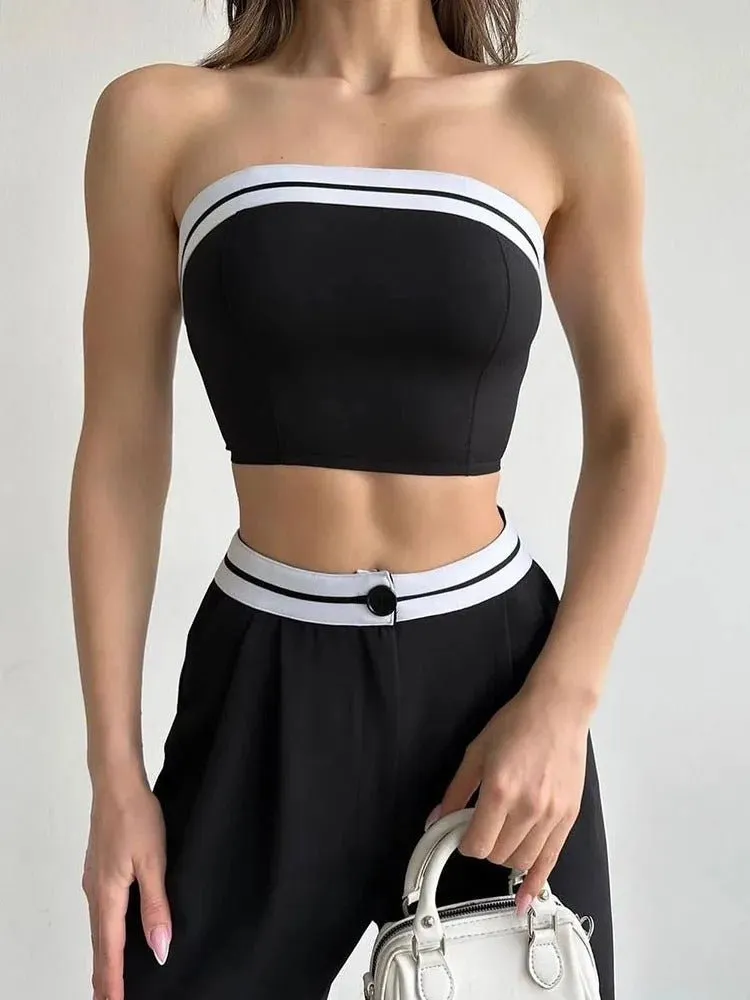 Women Tube Top And High Waist Pant -  Sleeveless Vest Bra & Buttoned Pants Summer Sexy Set