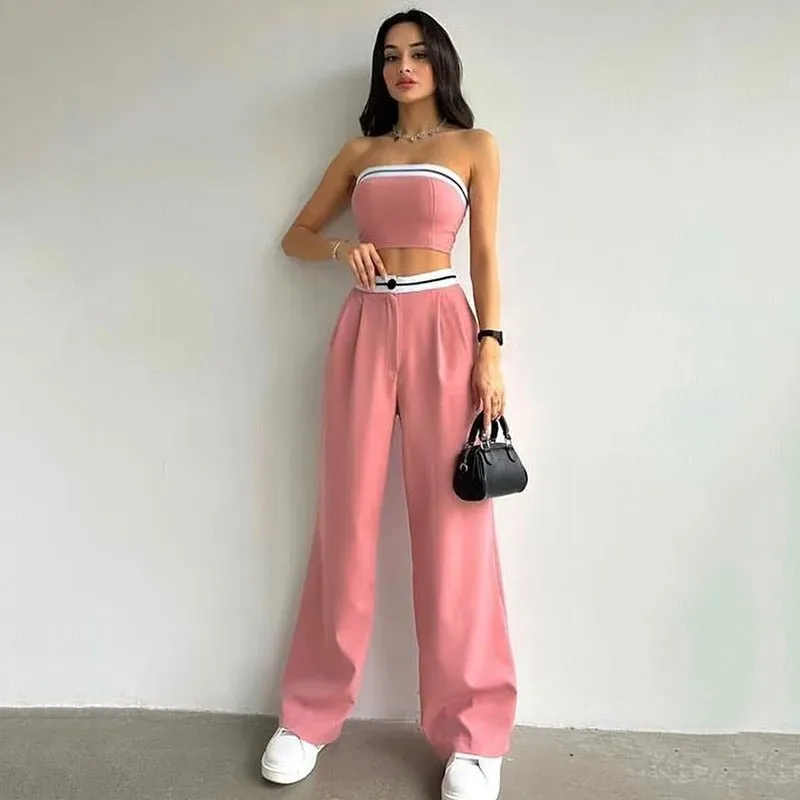 Women Tube Top And High Waist Pant -  Sleeveless Vest Bra & Buttoned Pants Summer Sexy Set