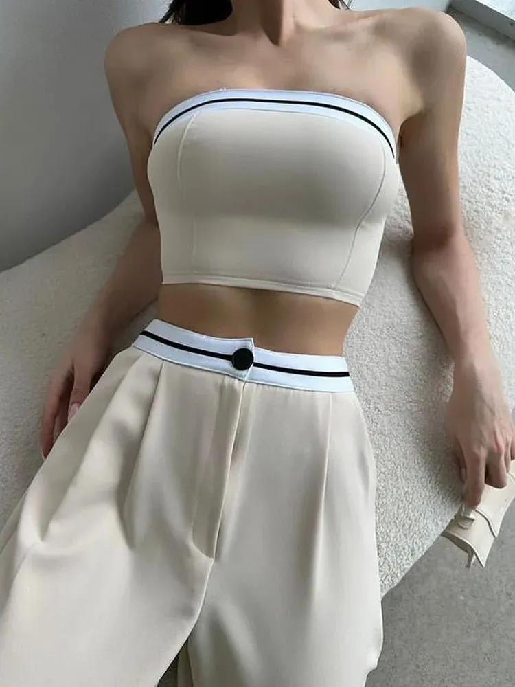 Women Tube Top And High Waist Pant -  Sleeveless Vest Bra & Buttoned Pants Summer Sexy Set