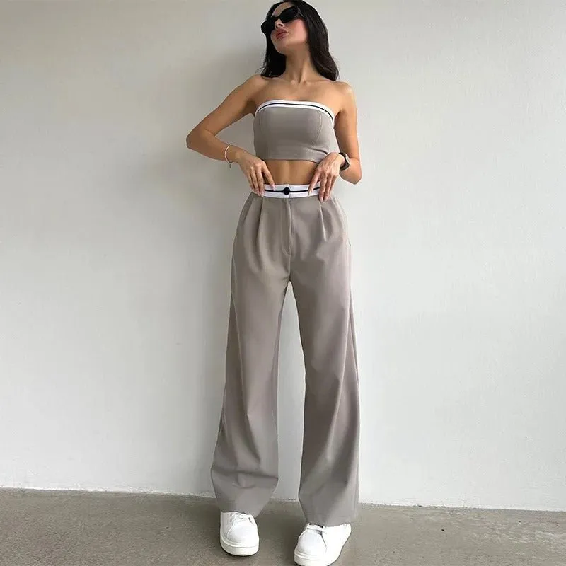 Women Tube Top And High Waist Pant -  Sleeveless Vest Bra & Buttoned Pants Summer Sexy Set