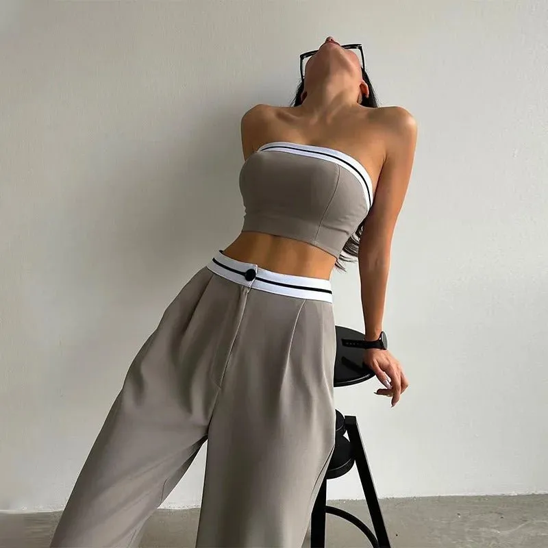 Women Tube Top And High Waist Pant -  Sleeveless Vest Bra & Buttoned Pants Summer Sexy Set