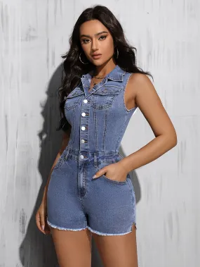 Women's Casual Blue Washed Denim Romper with Frayed Hem and Button-Down Front.