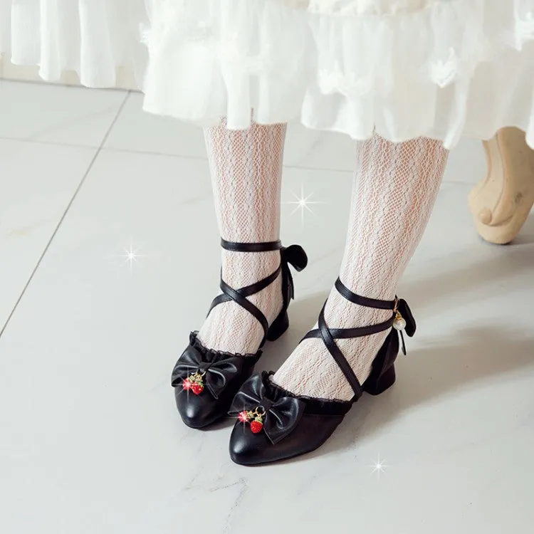 Women's Lolita Pointed Toe Lace Bow Tie Ankle Strap Block Heel Sandals