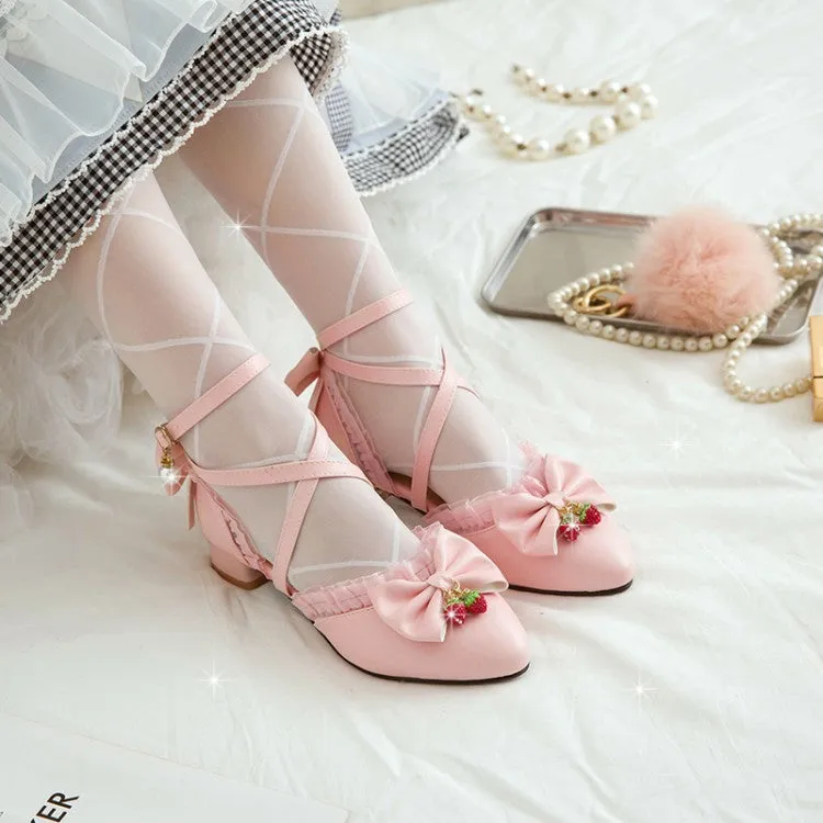 Women's Lolita Pointed Toe Lace Bow Tie Ankle Strap Block Heel Sandals