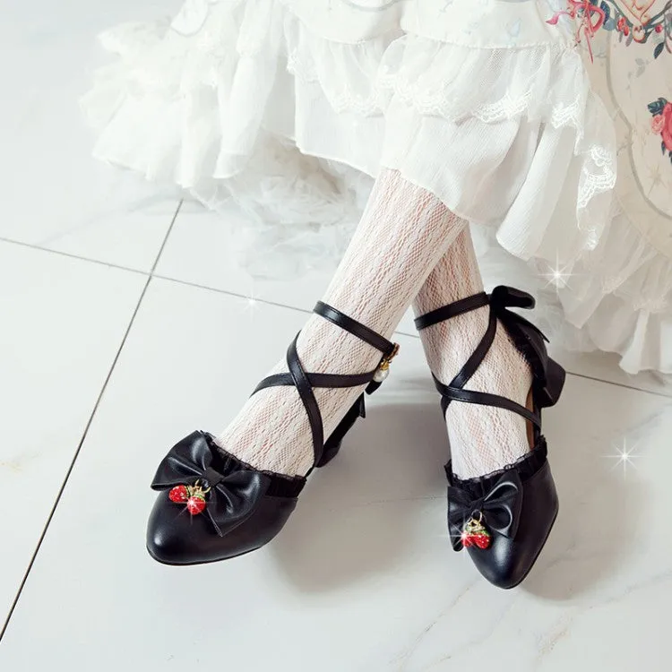 Women's Lolita Pointed Toe Lace Bow Tie Ankle Strap Block Heel Sandals