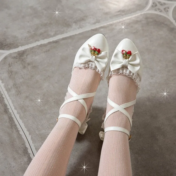 Women's Lolita Pointed Toe Lace Bow Tie Ankle Strap Block Heel Sandals