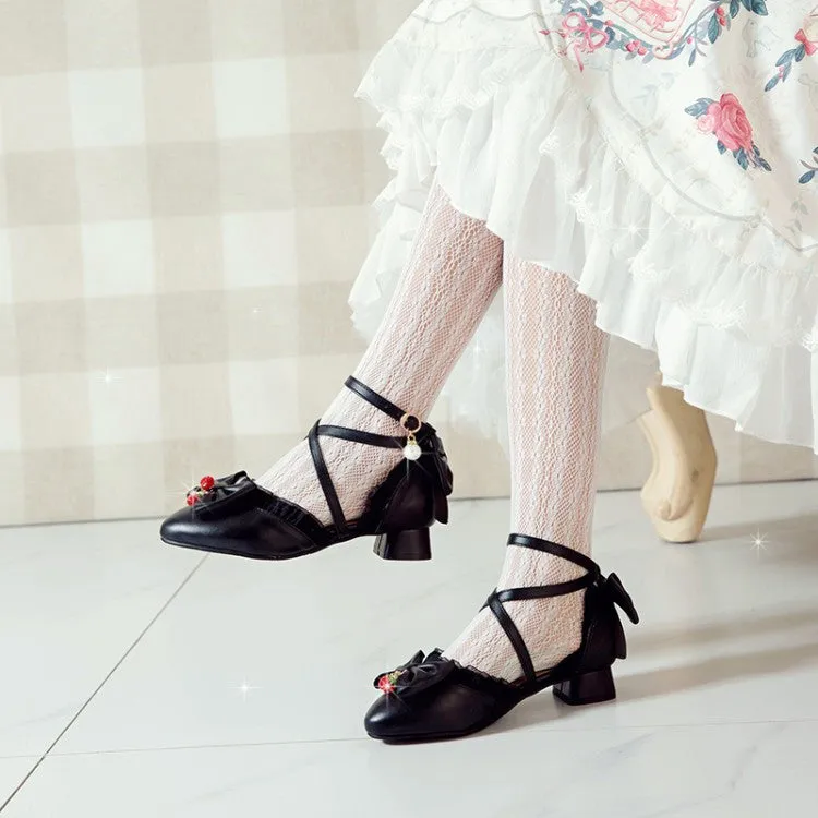 Women's Lolita Pointed Toe Lace Bow Tie Ankle Strap Block Heel Sandals