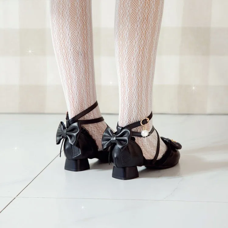 Women's Lolita Pointed Toe Lace Bow Tie Ankle Strap Block Heel Sandals