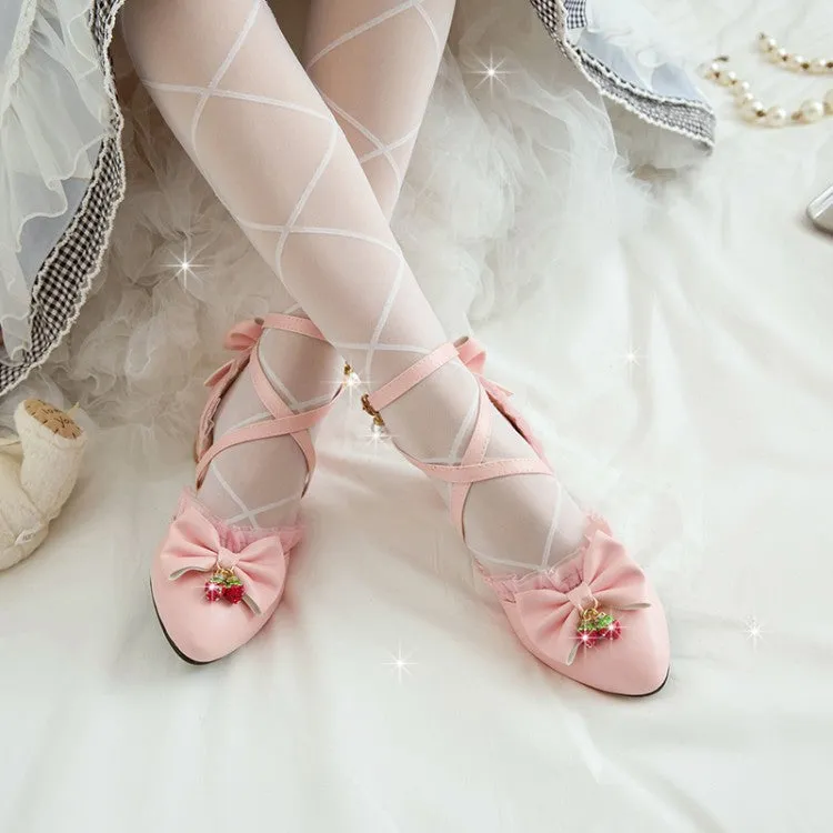 Women's Lolita Pointed Toe Lace Bow Tie Ankle Strap Block Heel Sandals