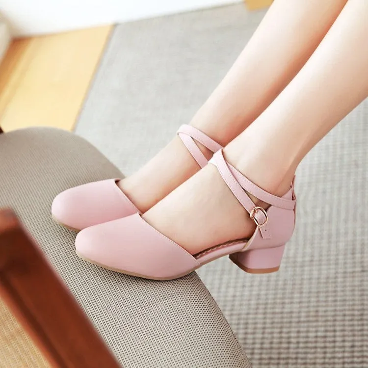 Women's Solid Color Hollow Out Ankle Strap Round Toe Block Heel Low Heels Sandals